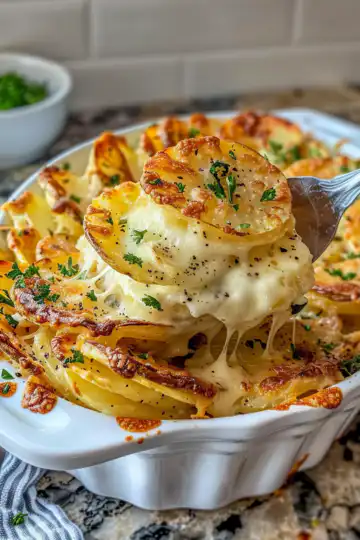 Cheesy scalloped potatoes taken with iphone 15 pro max --iw 2 --ar 4:5 --v 6.0 --raw