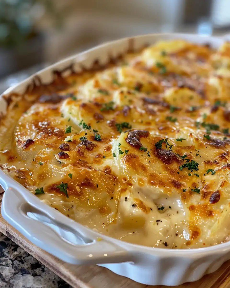Finished cheesy scalloped potatoes with golden melted cheese serving ready