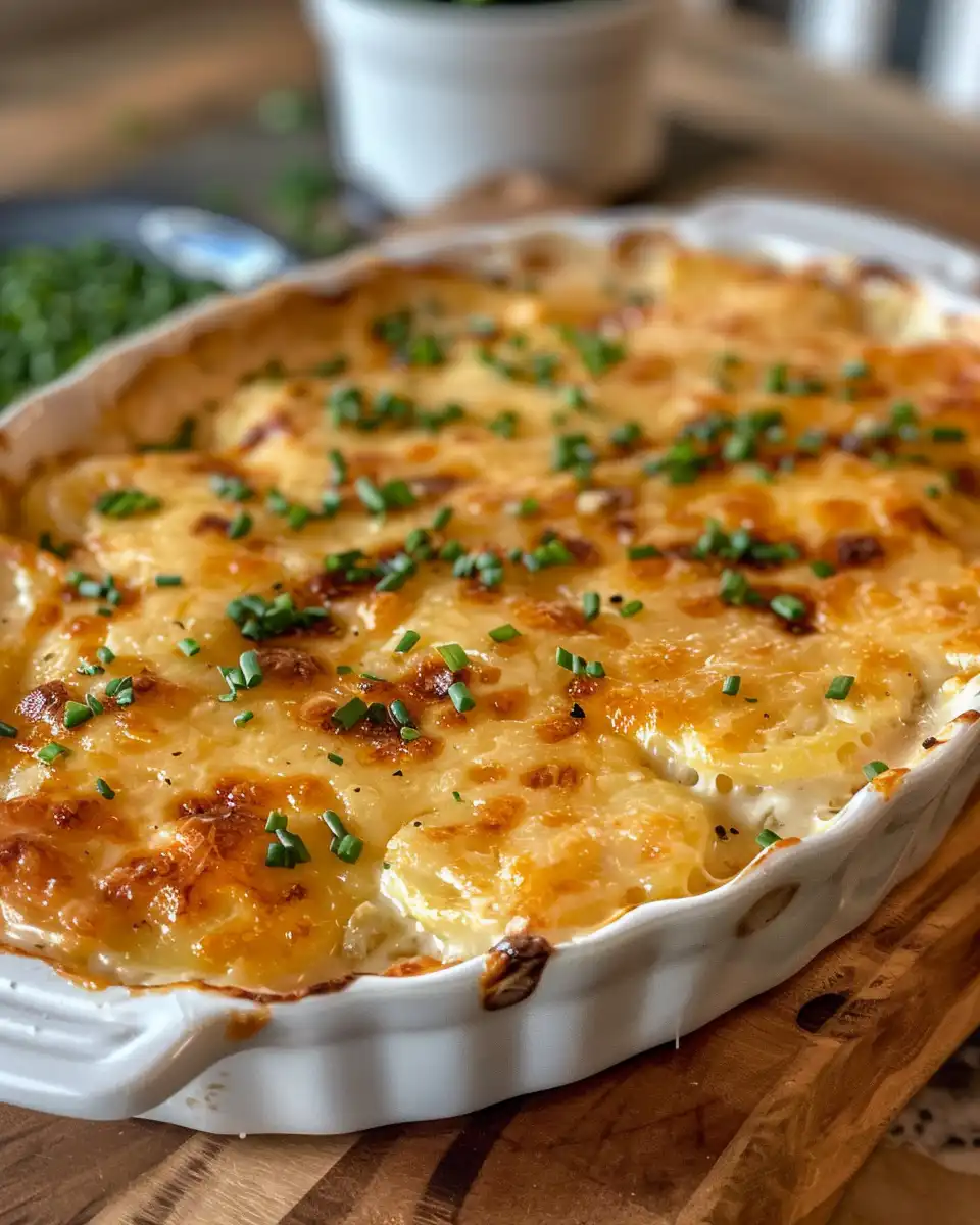Ingredients for cheesy scalloped potatoes including sliced potatoes and cheese