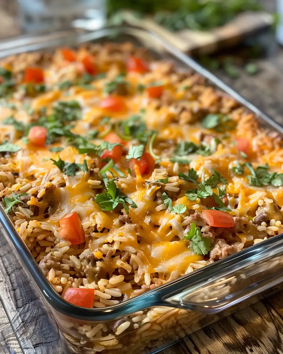 Ingredients for taco rice casserole with ground beef, spices, and vegetables