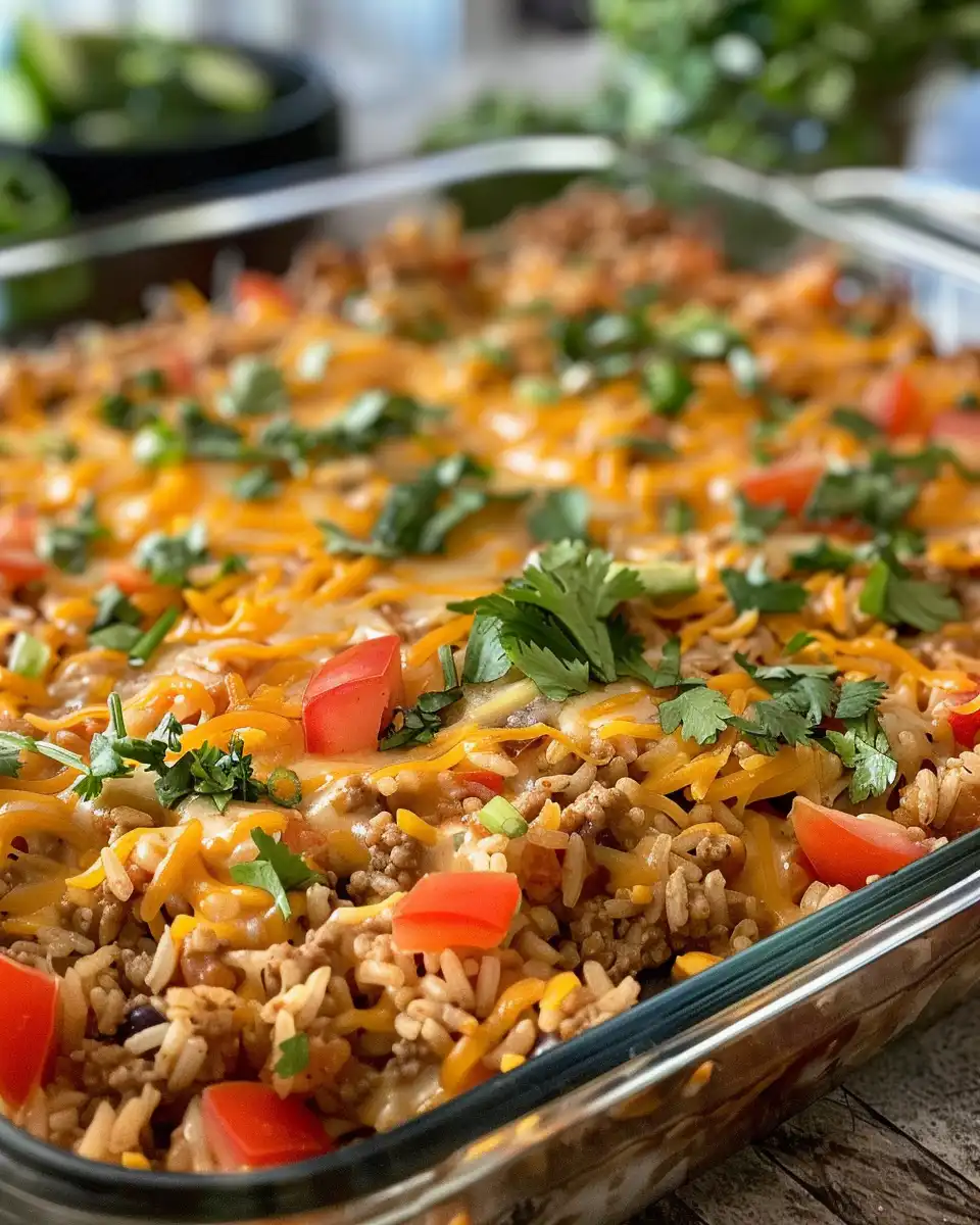 Finished cheesy taco rice casserole topped with melted cheese and fresh avocado