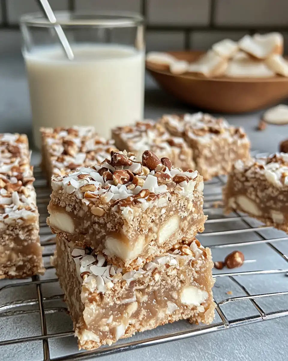 Freshly baked chewy coconut bars with golden edges