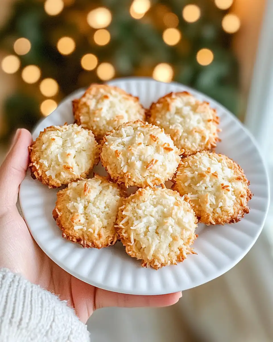 Freshly baked chewy coconut cookies cooling on wire rack