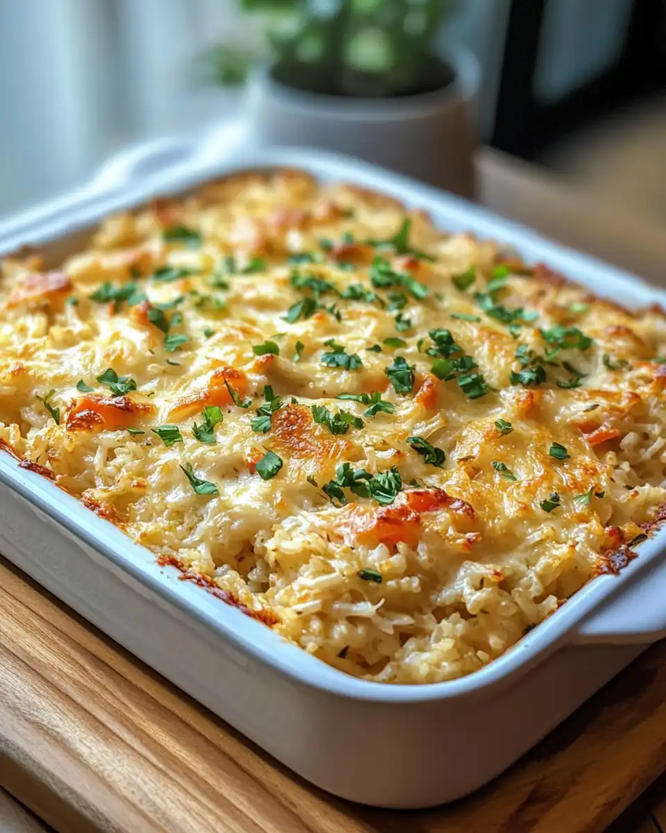 Finished golden cheddar crust on chicken and rice casserole