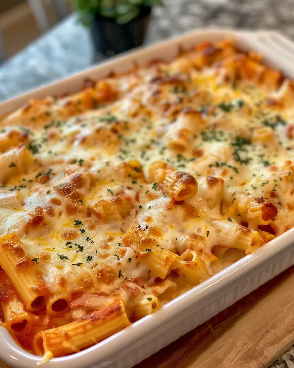 close up of chicken baked ziti with strings of melted cheese