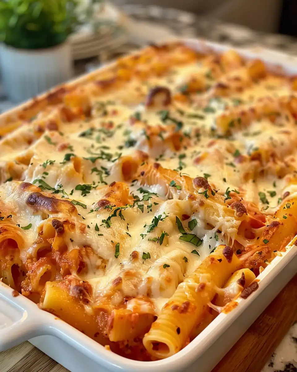 close up of bubbling chicken baked ziti fresh from oven with golden cheese