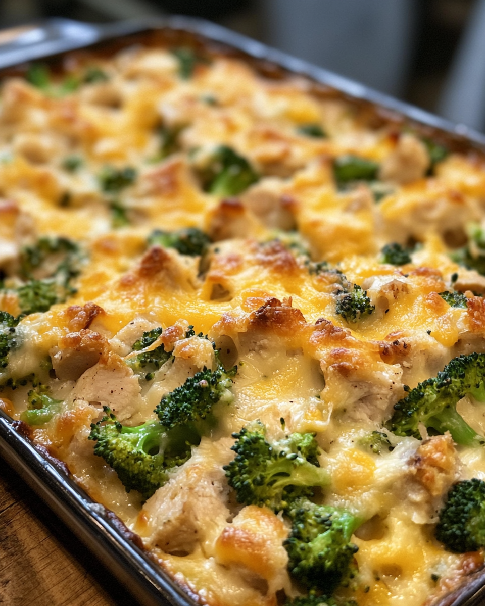 Final plated chicken broccoli and cheese casserole ready to serve