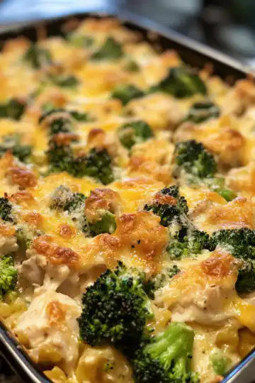 Chicken broccoli and cheese casserole taken with iphone 15 pro max --iw 2 --ar 4:5 --v 6.1 --raw