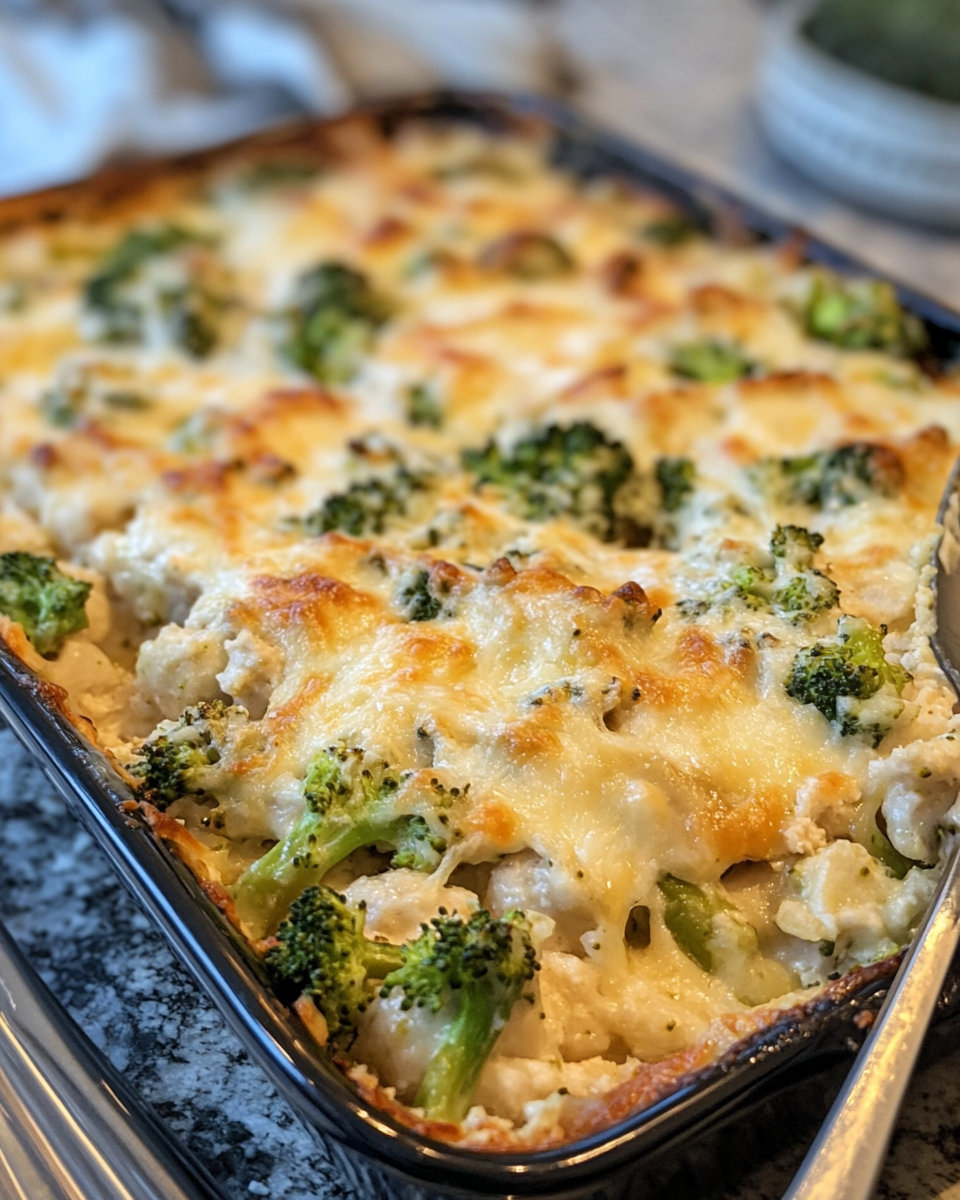 Fresh ingredients for chicken broccoli casserole including broccoli, chicken, cheese, and seasonings