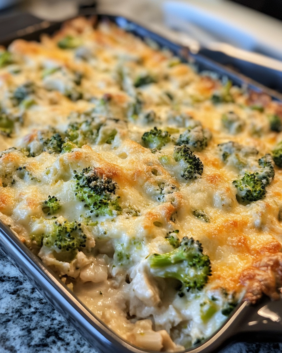 Finished chicken broccoli casserole with golden Ritz cracker topping