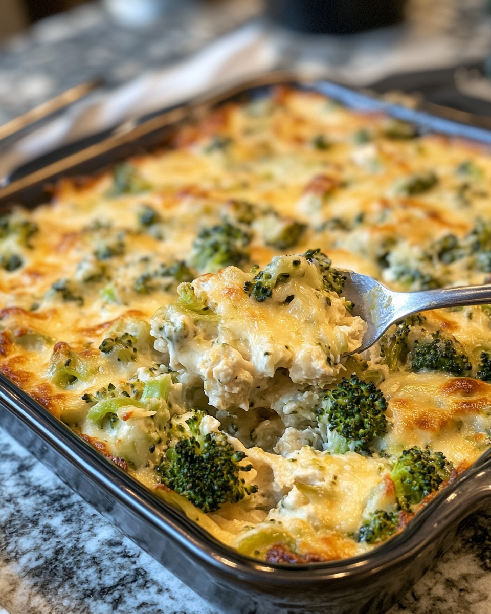 Creamy cheesy chicken broccoli casserole fresh from the cooker
