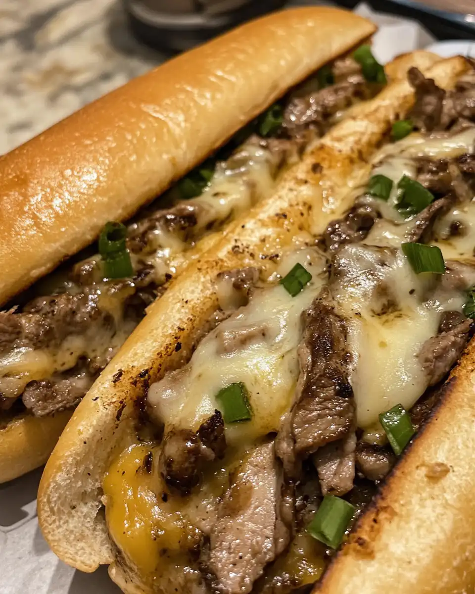 Close-up of a cheesy chicken steak sandwich filled with melted cheese and juicy chicken