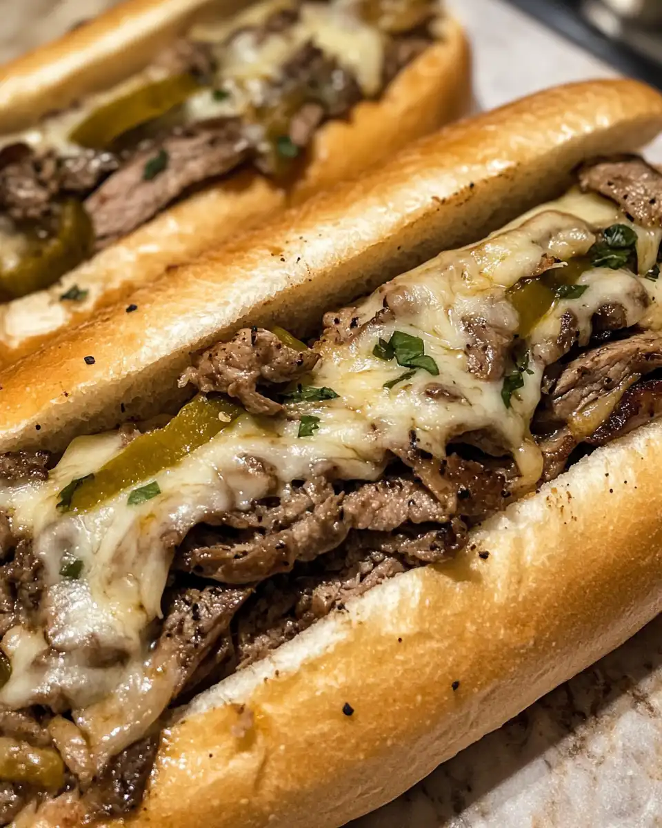 Close-up of sizzling cheesy chicken steak sandwiches fresh from the cooker