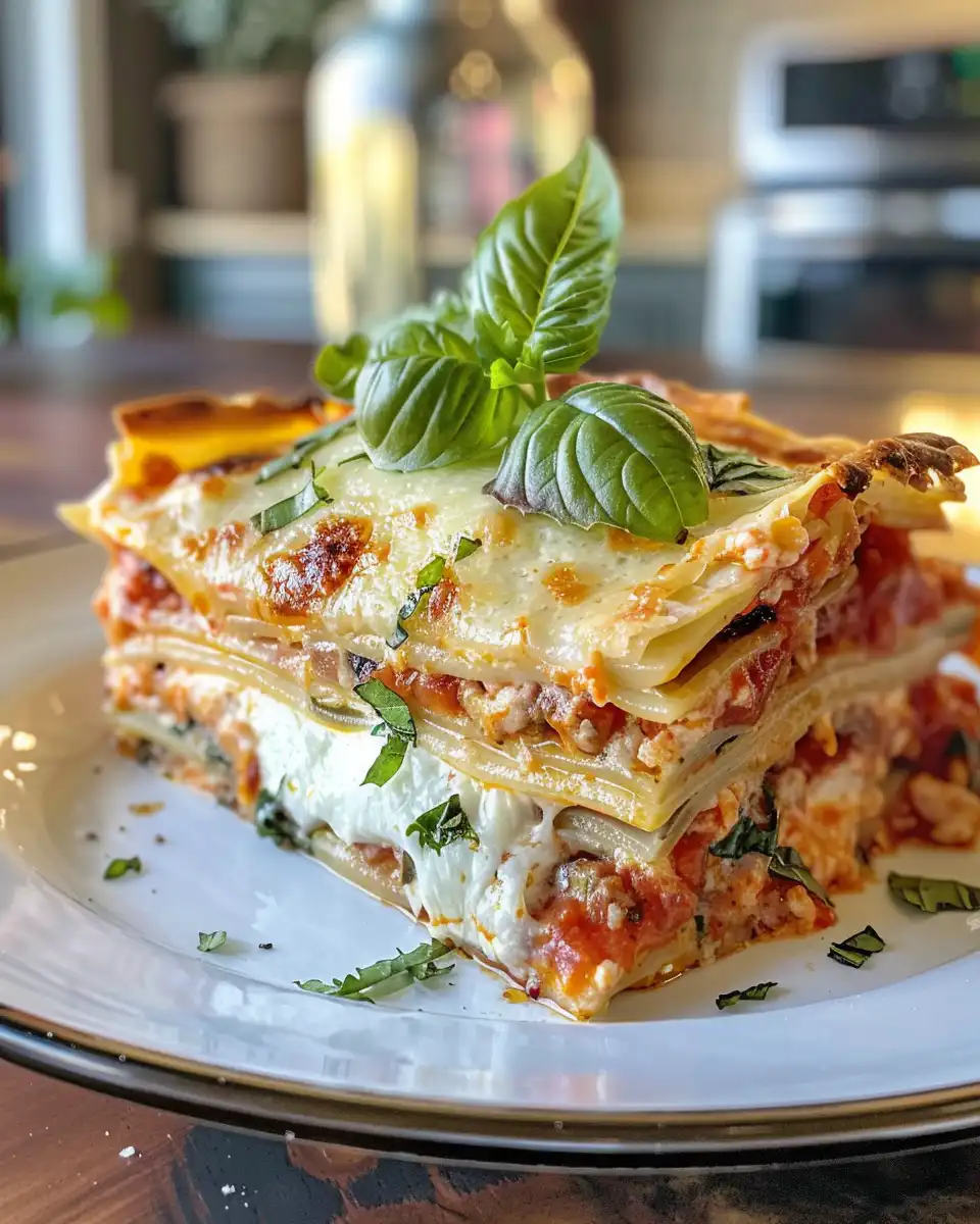 Layered chicken lasagna in baking dish before cooking
