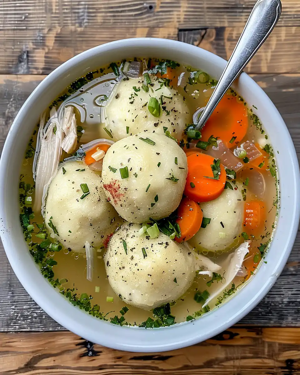 Serving of finished chicken matzo ball soup with chunks of chicken and vegetables