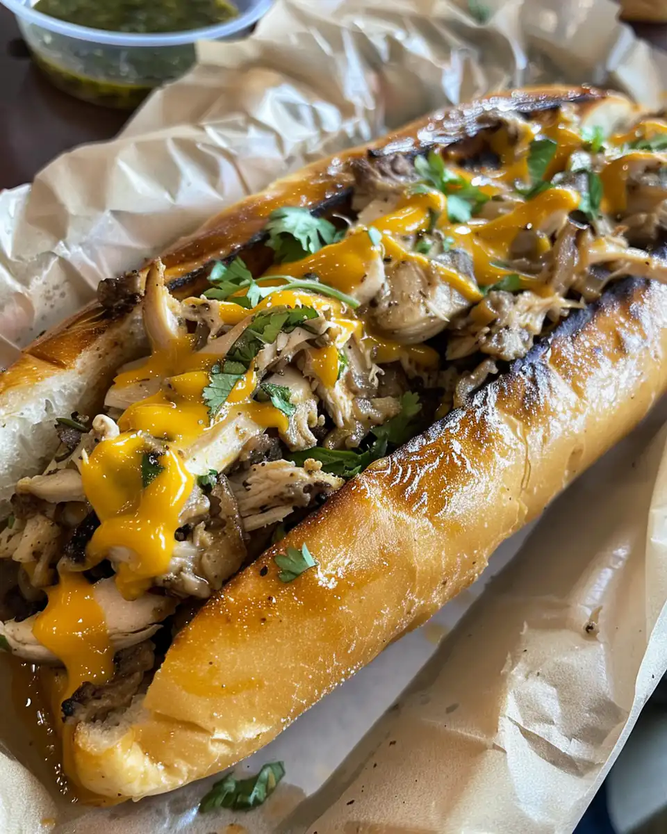 Finished chicken Philly cheesesteak with melted provolone cheese served on sausage rolls