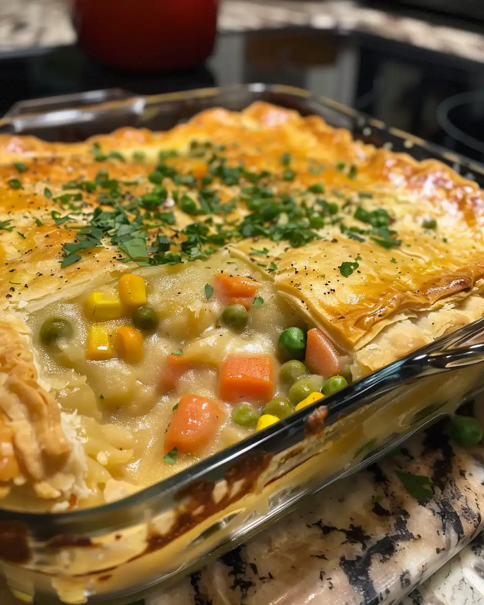 Ingredients for chicken pot pie casserole spread out on kitchen counter
