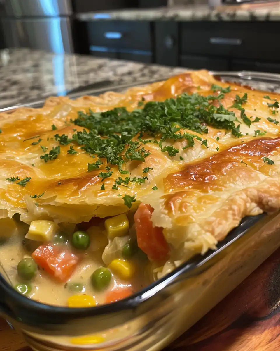 Golden biscuit crust topped chicken pot pie casserole slice on plate