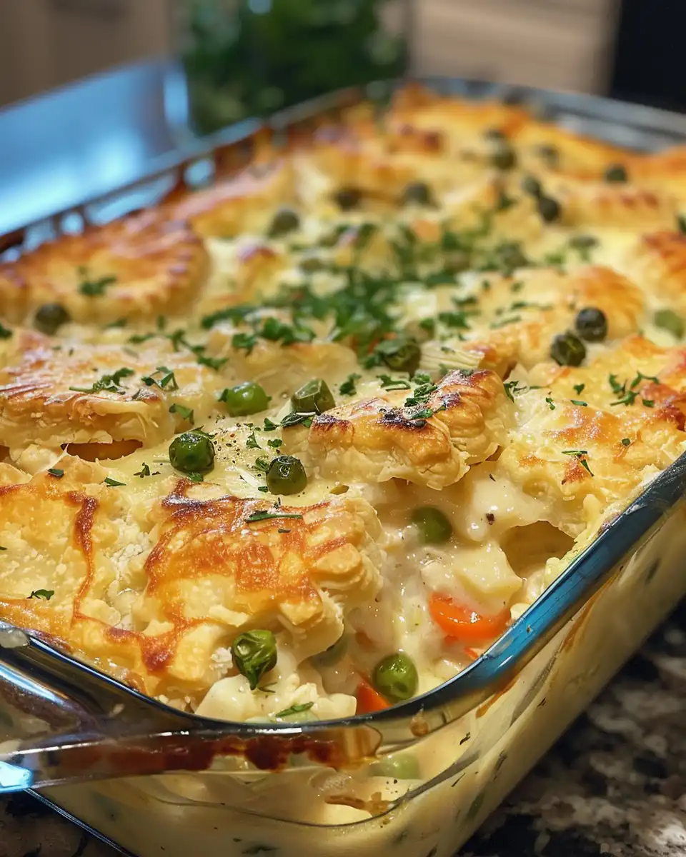Pressure cooker chicken pot pie casserole with flaky biscuit crust