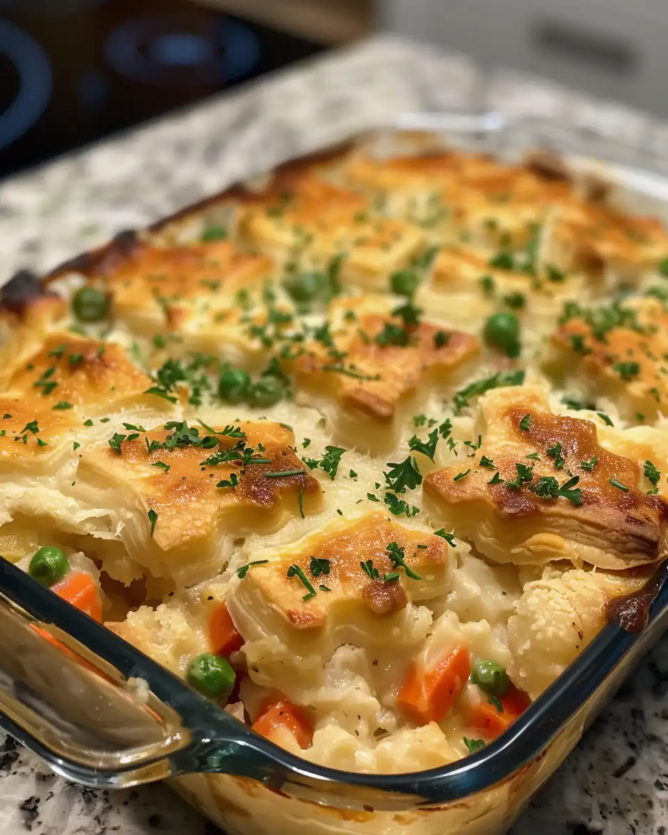 Golden biscuit crust on chicken pot pie casserole fresh from oven