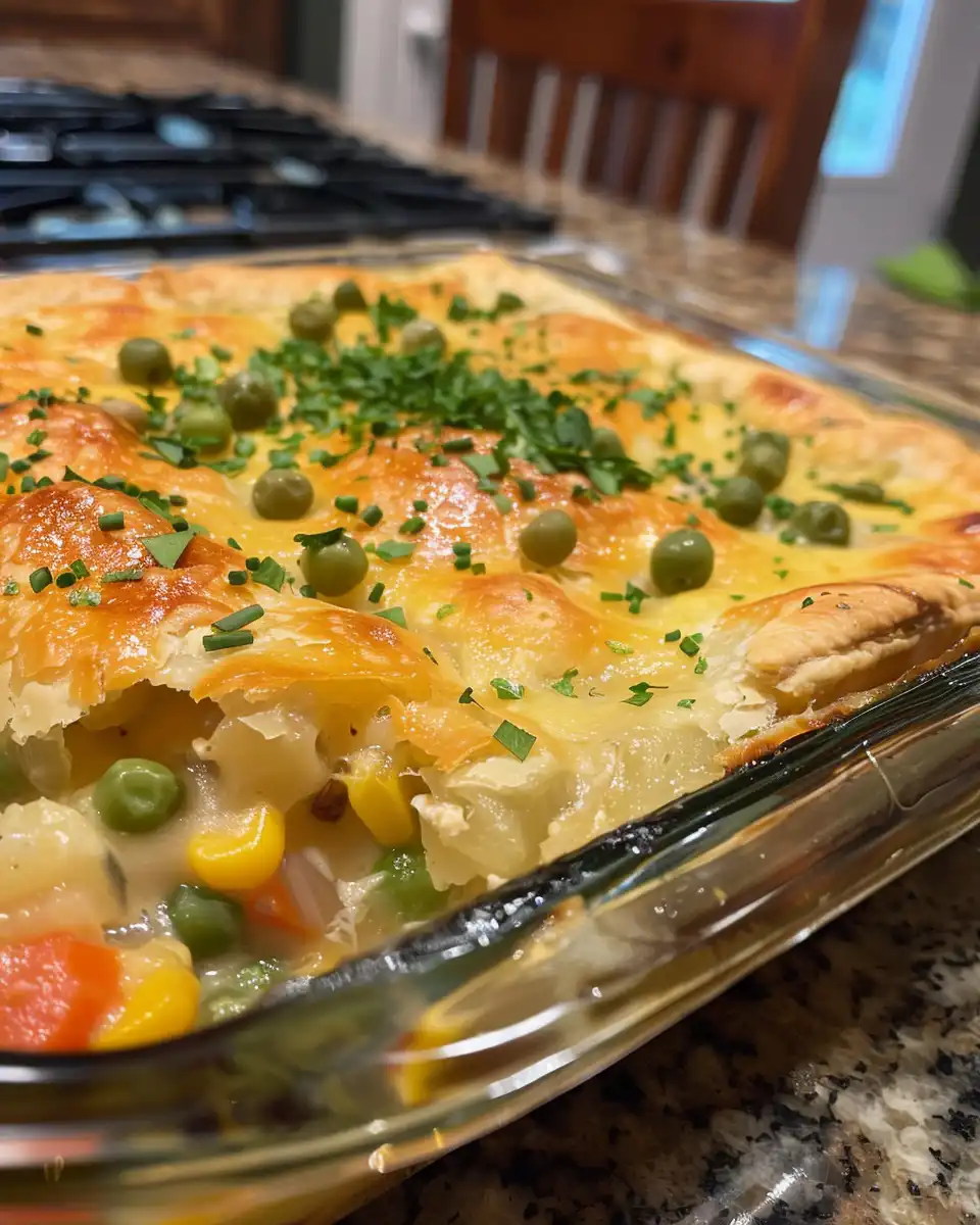 Fresh homemade chicken pot pie casserole bubbling inside pressure cooker