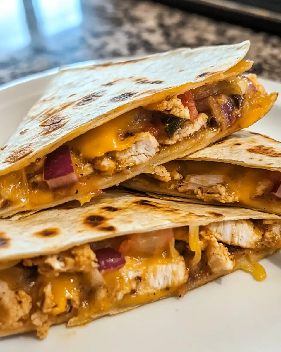 Close-up of chicken quesadillas in a skillet