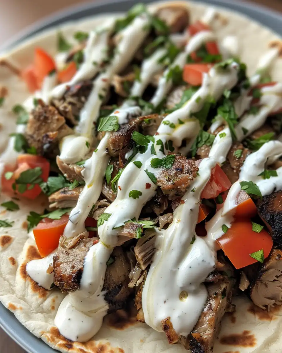 Finished chicken shawarma strips with creamy garlic sauce and fresh toppings on plate