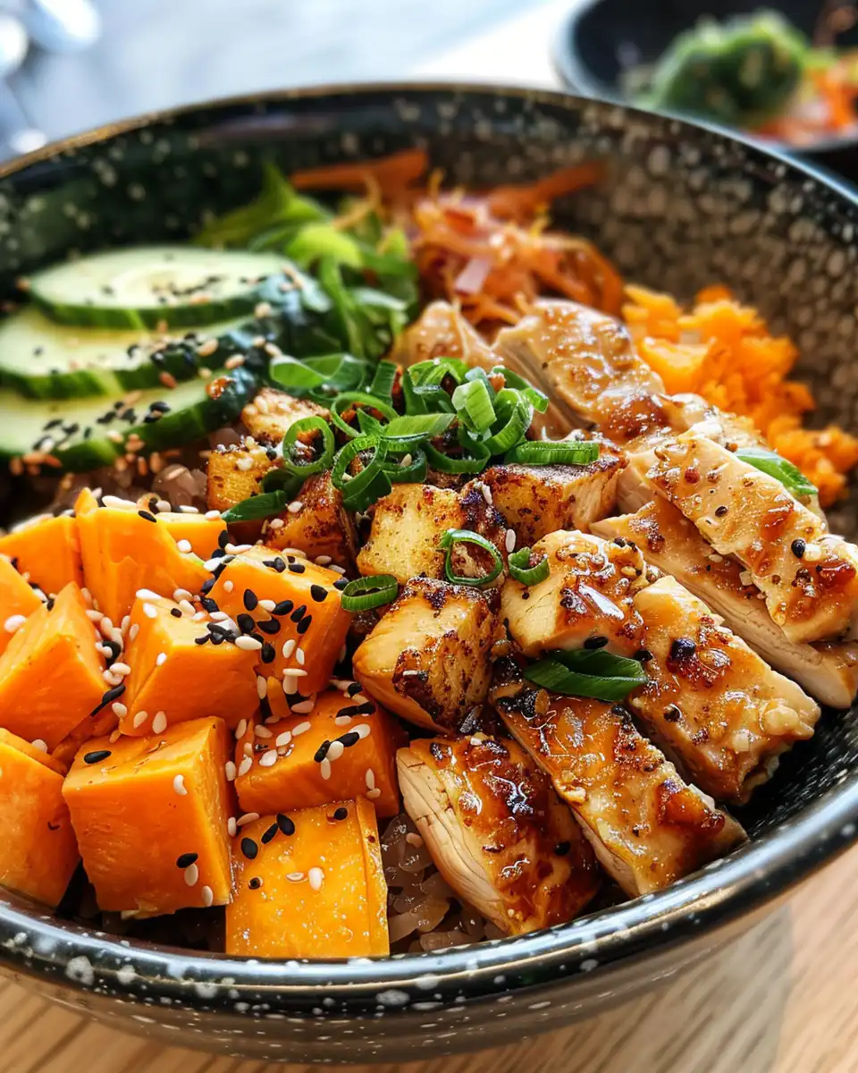 Ingredients for chicken sweet potato rice bowl including avocado, cilantro, and spices