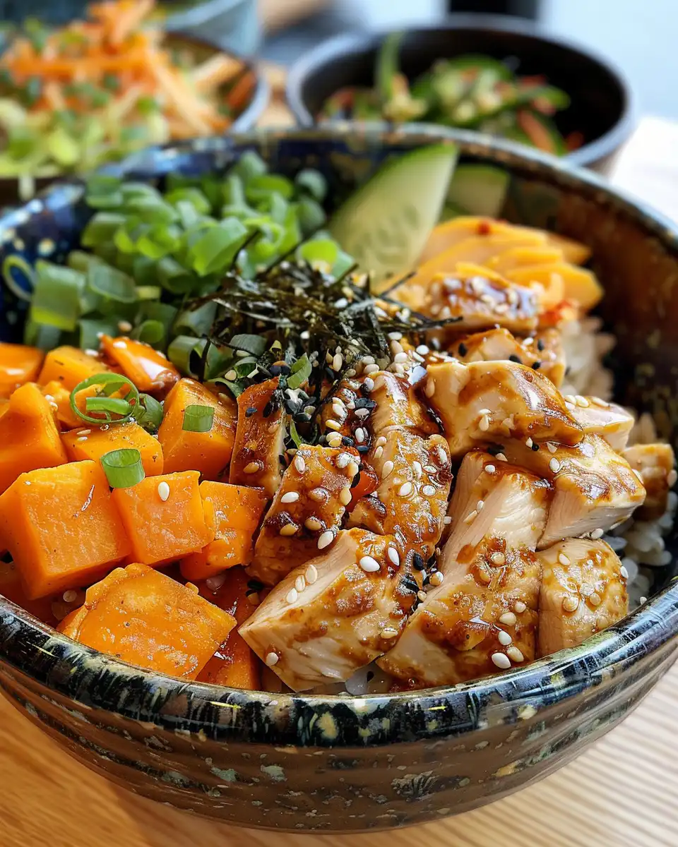 Close-up of serving pressure cooker chicken sweet potato rice bowl showing creamy avocado and spices