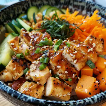 Chicken & Sweet Potato Rice Bowl taken with iphone 15 pro max --iw 2 --ar 4:5 --v 6.0 --raw