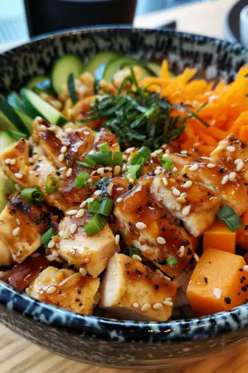 Chicken & Sweet Potato Rice Bowl taken with iphone 15 pro max --iw 2 --ar 4:5 --v 6.0 --raw