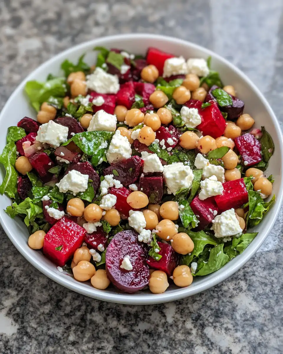 Ingredients for chickpea beet and feta salad laid out fresh and ready for mixing