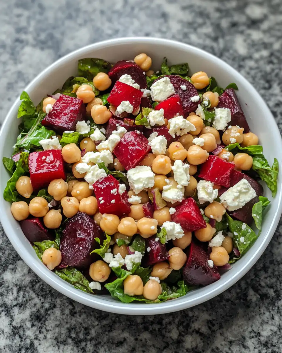 Final plated chickpea beet and feta salad served chilled and ready to eat