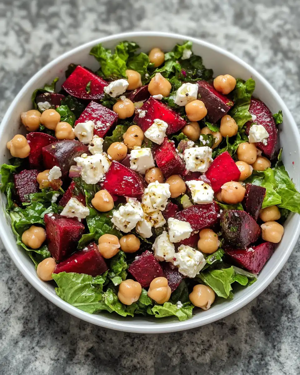 Steam rising from pressure cooker with chickpea beet and feta salad ingredients inside