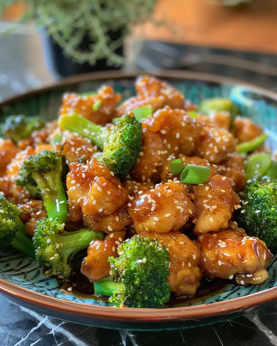 Finished Chinese chicken and broccoli plated with juicy chicken and bright broccoli