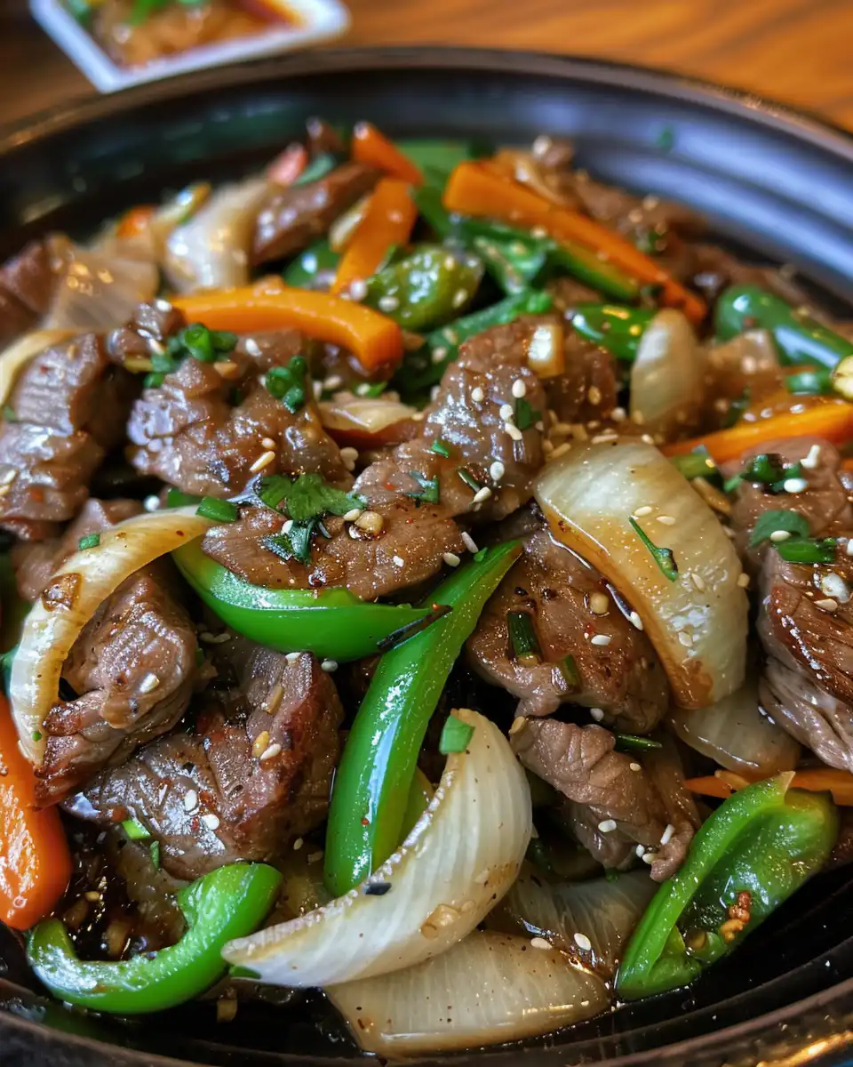 Close-up of plated Chinese pepper steak with onions