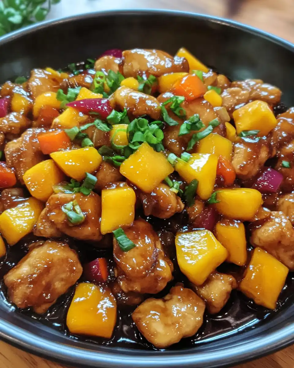 Mango chicken stir-fry cooking with steam rising from pressure cooker
