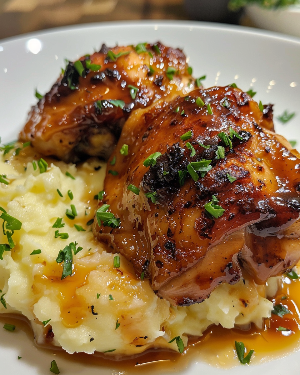 Plated chipotle honey chicken thighs served with smoked Gouda mashed potatoes