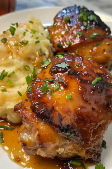 Chipotle Honey Chicken Thighs with Smoked Gouda Mashed Potatoes taken with iphone 15 pro max --iw 2 --ar 4:5 --v 6.0 --raw