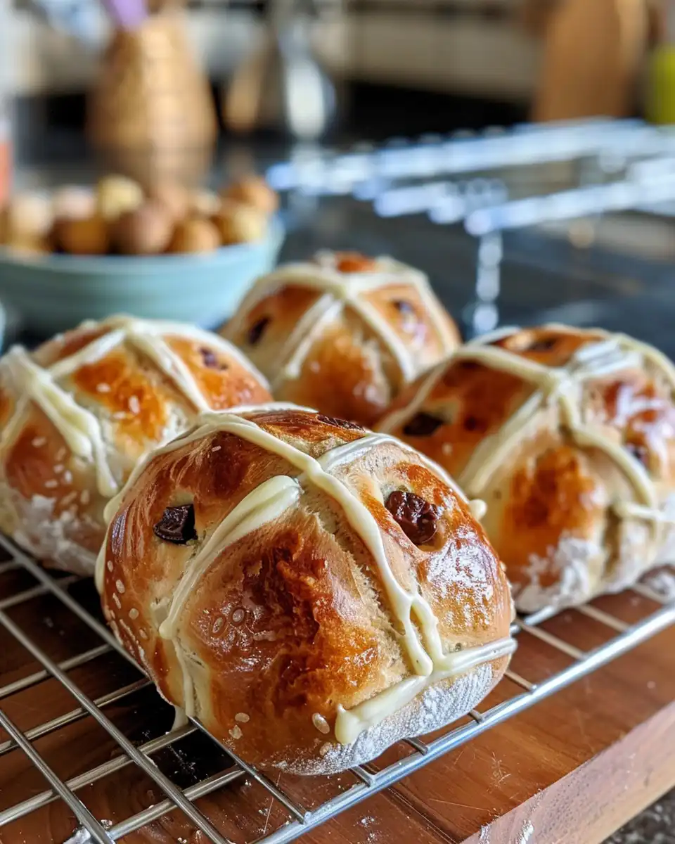 Golden brown chocolate chip hot cross buns fresh from pressure cooker