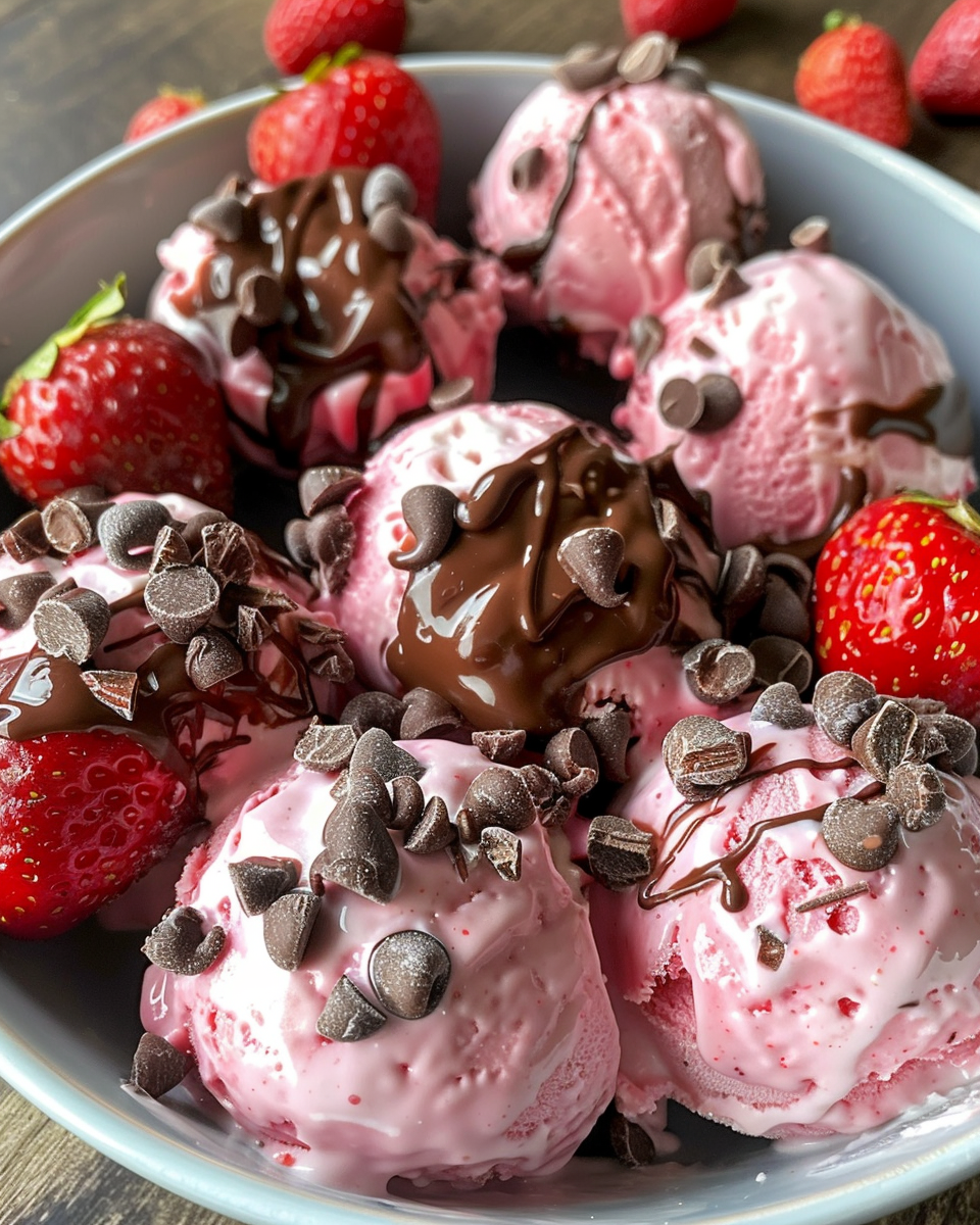 Ingredients for chocolate strawberry frozen yogurt bites prepped in bowls