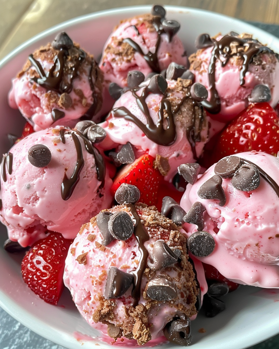 Finished chocolate strawberry frozen yogurt bites stacked and ready to serve