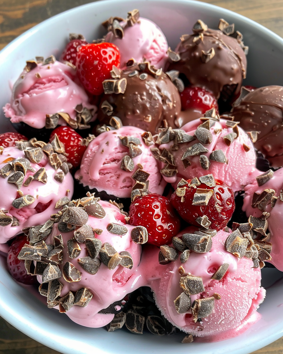 Chocolate strawberry frozen yogurt bites in mini muffin tray fresh out of freezer