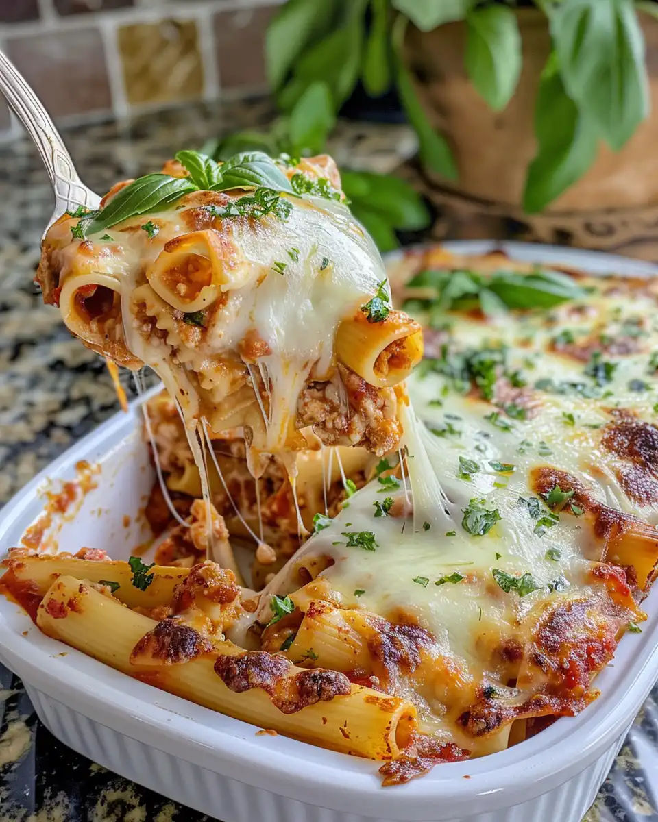 Ingredients laid out for baked ziti including sausage, cheese, and pasta