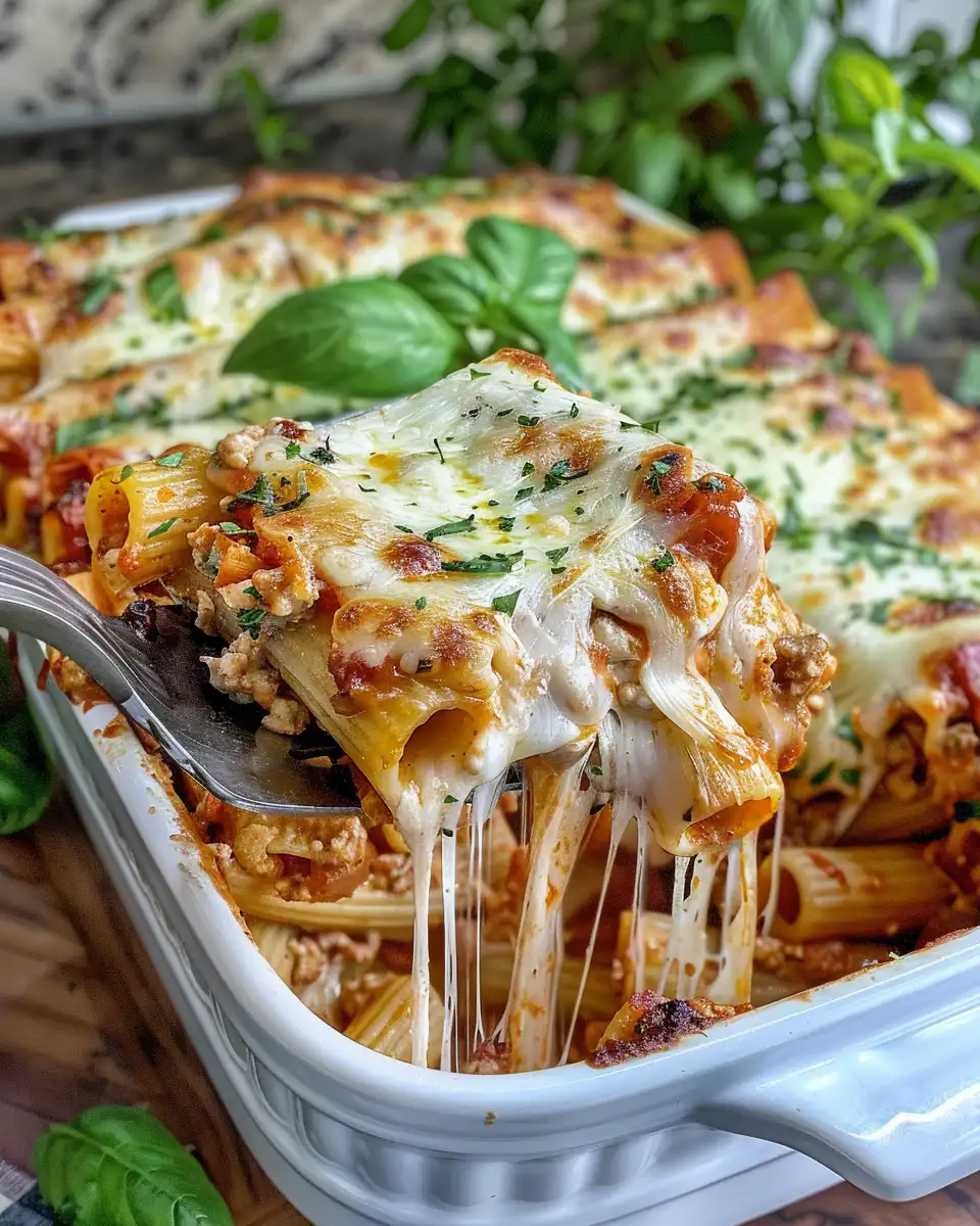 Finished baked ziti with bubbly and golden cheese crust