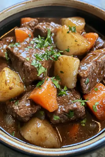 Classic beef stew taken with iphone 15 pro max --iw 2 --ar 4:5 --v 6.1 --raw