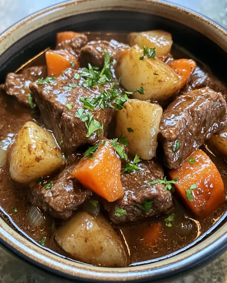 A delicious hearty beef stew in a rustic bowl