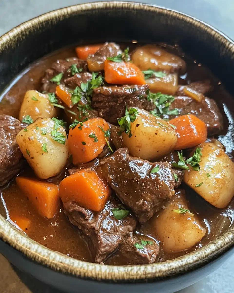 Close-up of simmering beef stew with vegetables