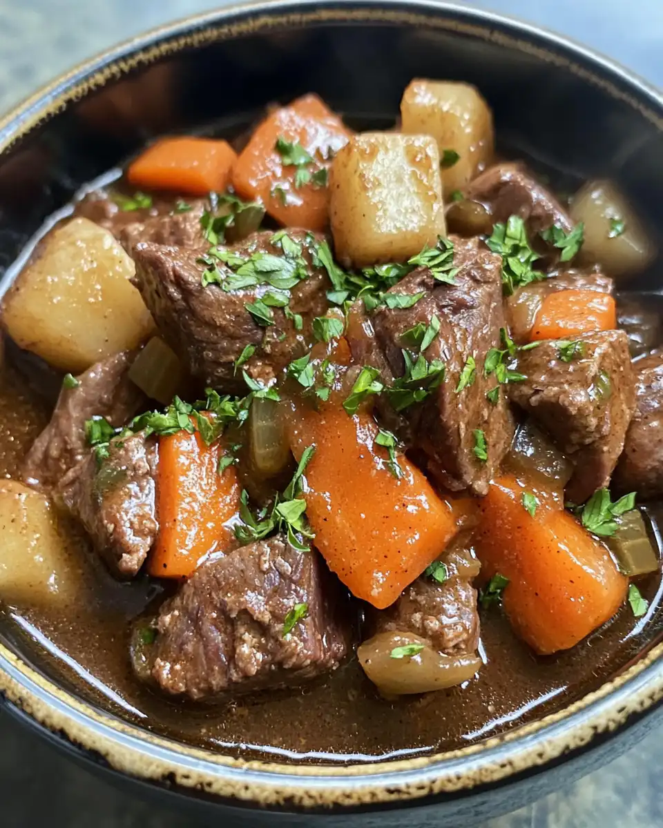 Served beef stew in a bowl with crusty bread