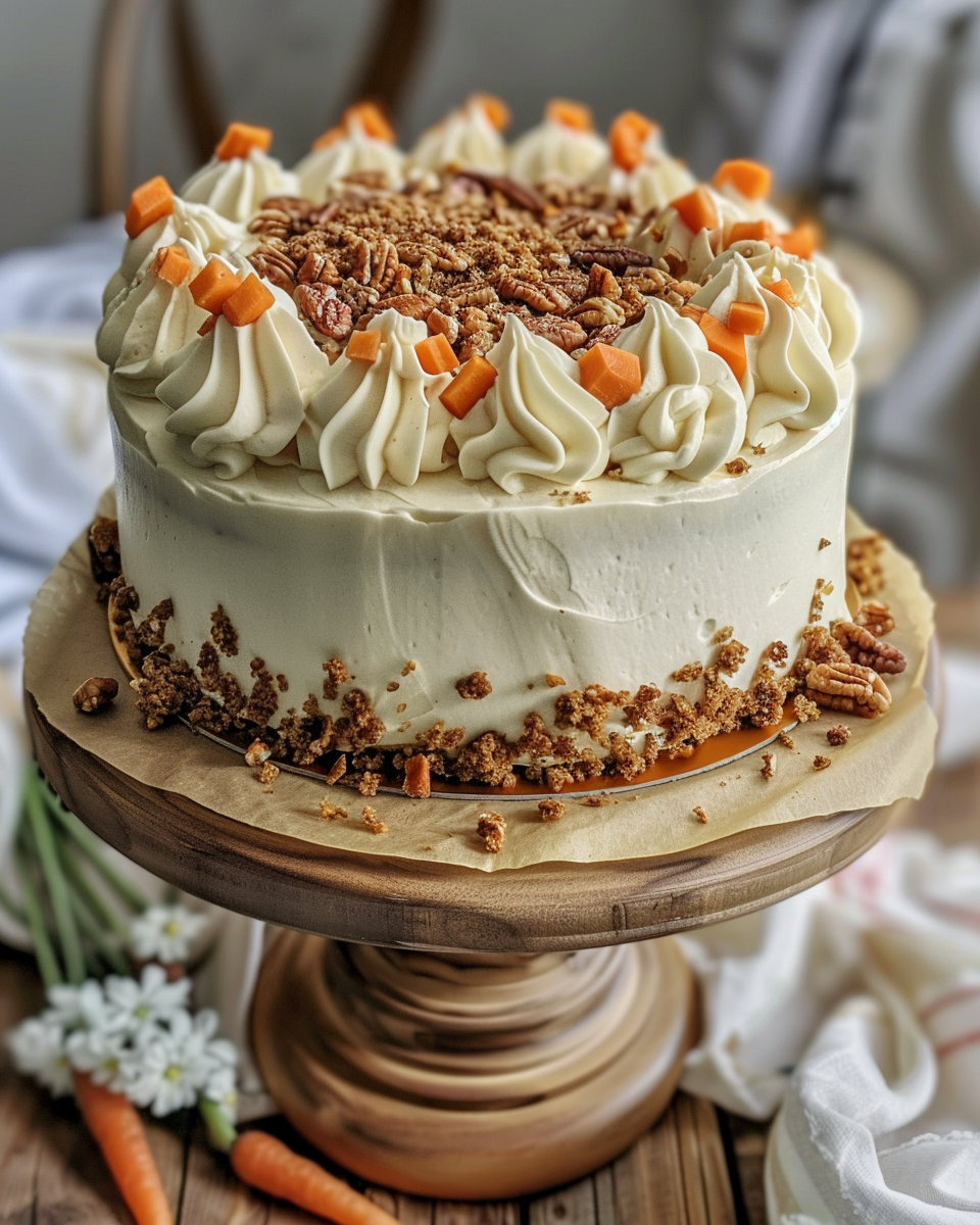 A slice of pressure cooker carrot cake served on a plate with garnishes